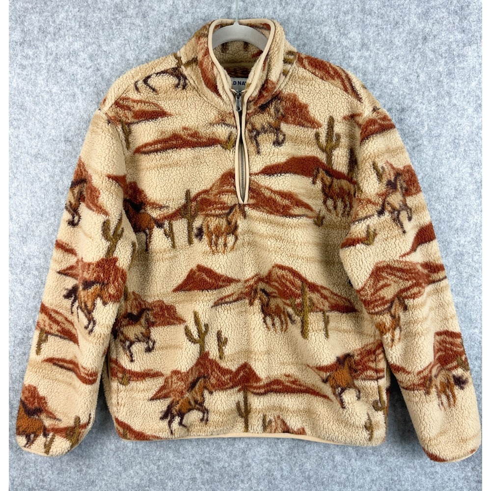 Old Navy Horse Print Sherpa Quarter Zip Pullover Mens Large Brown Pocket Western